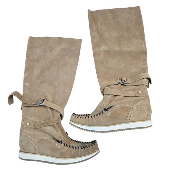 Modern Vice Tan Suede Leather Moccasin Knee High Wedge Boot sz 38 NWOB Boho - Picture 1 of 9